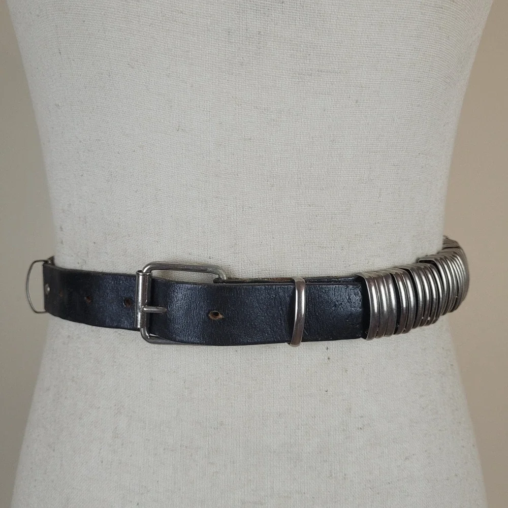 Black Leather Belt Sml Metal Rings Punk Goth Biker Grunge Industrial Cyber Y2K